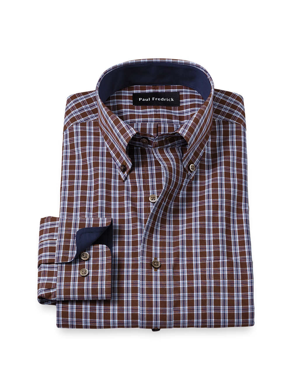 Product Image of Non-iron Cotton Plaid Dress Shirt With Contrast Trim-Brown/Blue