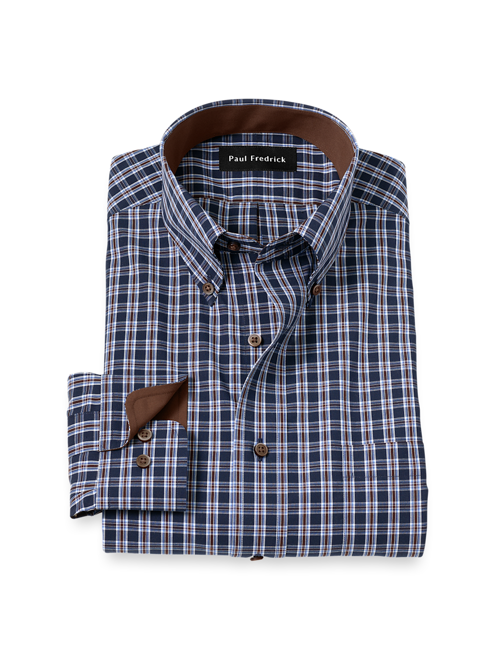 Product Image of Non-iron Cotton Plaid Dress Shirt With Contrast Trim-Navy/Brown