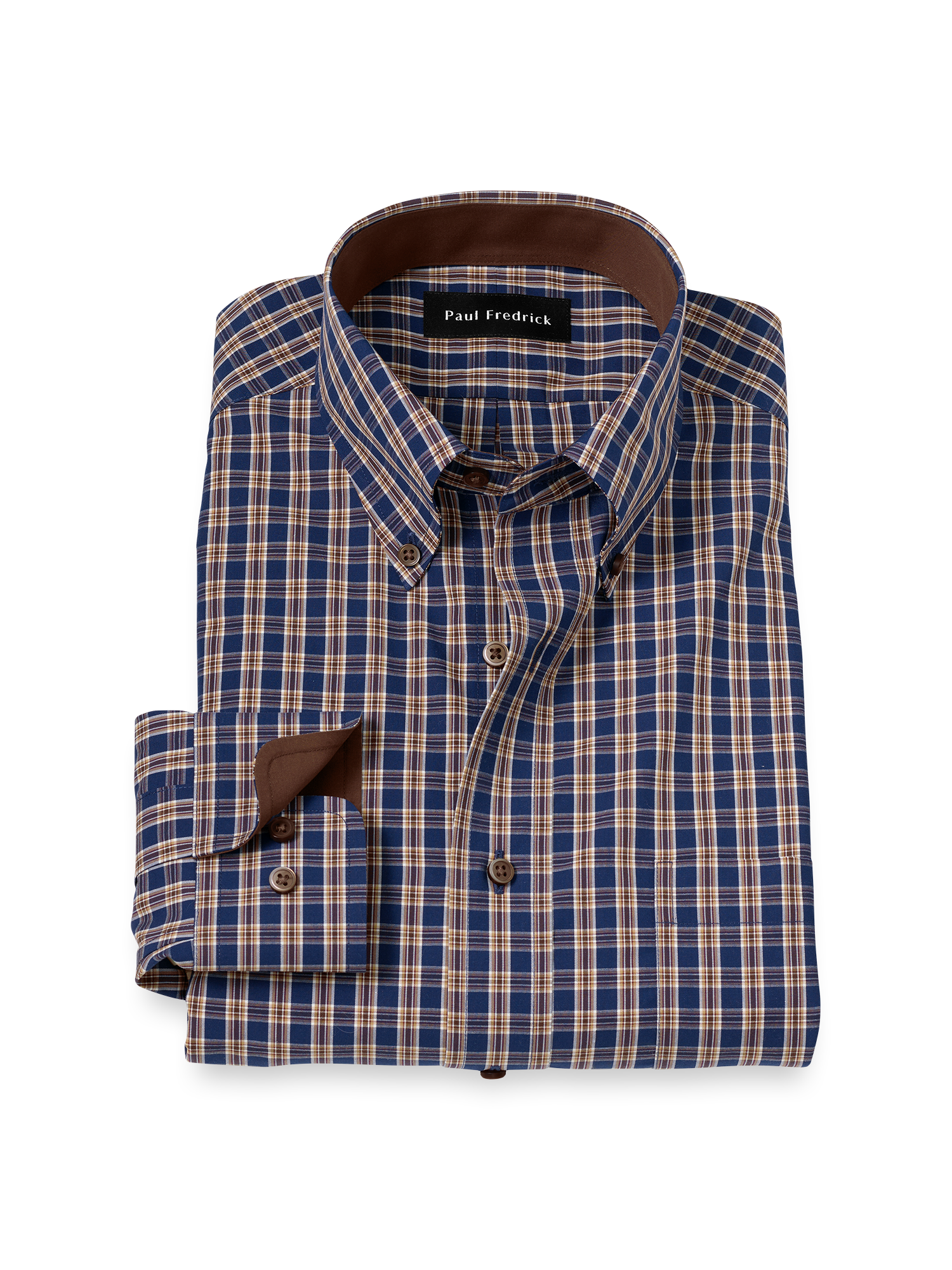 Non-Iron Cotton Plaid Dress Shirt With Contrast Trim Blue/brown