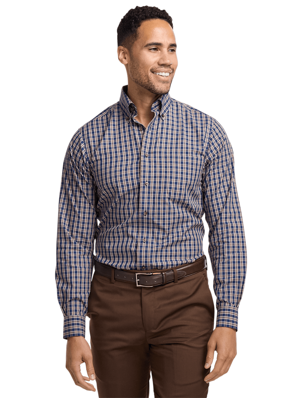 Alternate Shot of Men's Blue/Brown Plaid Shirts Contrast Fabric Inside Neckband And Cuffs