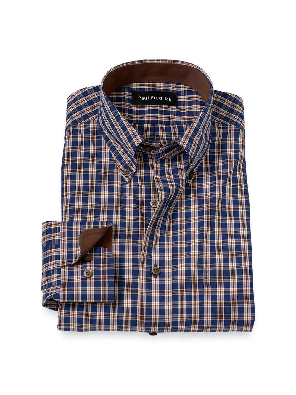 Product Image of Non-iron Cotton Plaid Dress Shirt With Contrast Trim-Blue/Brown