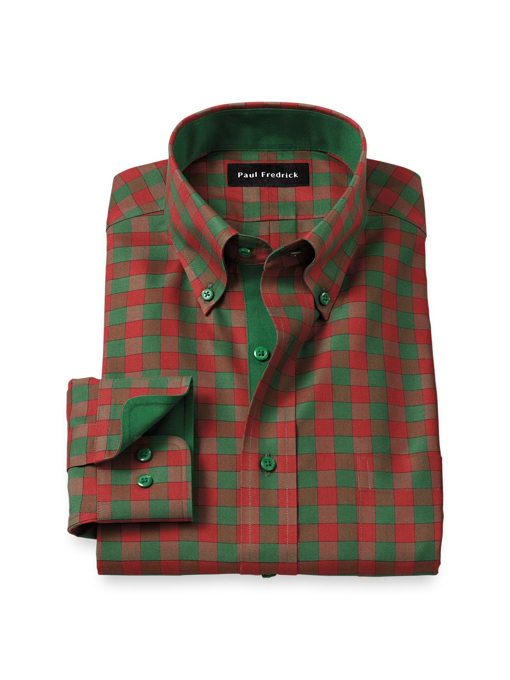 Comfort Stretch Non-Iron Check Dress Shirt with Contrast Trim - Green/Rust Classic Fit / 15.5 / 34