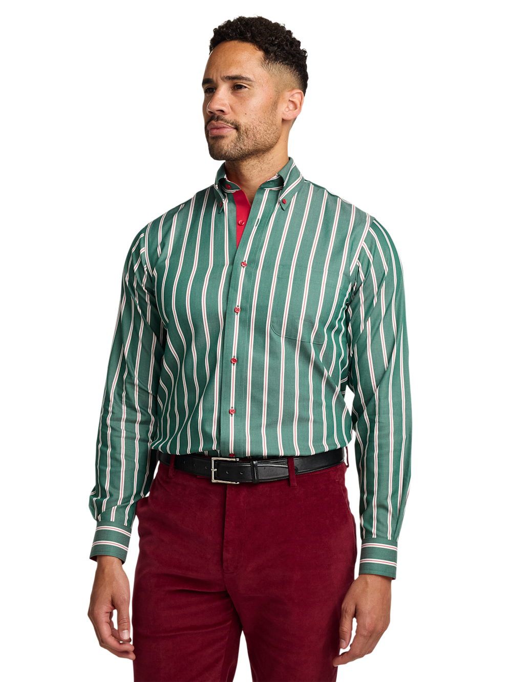 Alternate Shot of Men's Green Stripe Shirts Trim Inside Neckband Inside Cuffs Button Side Of Placket