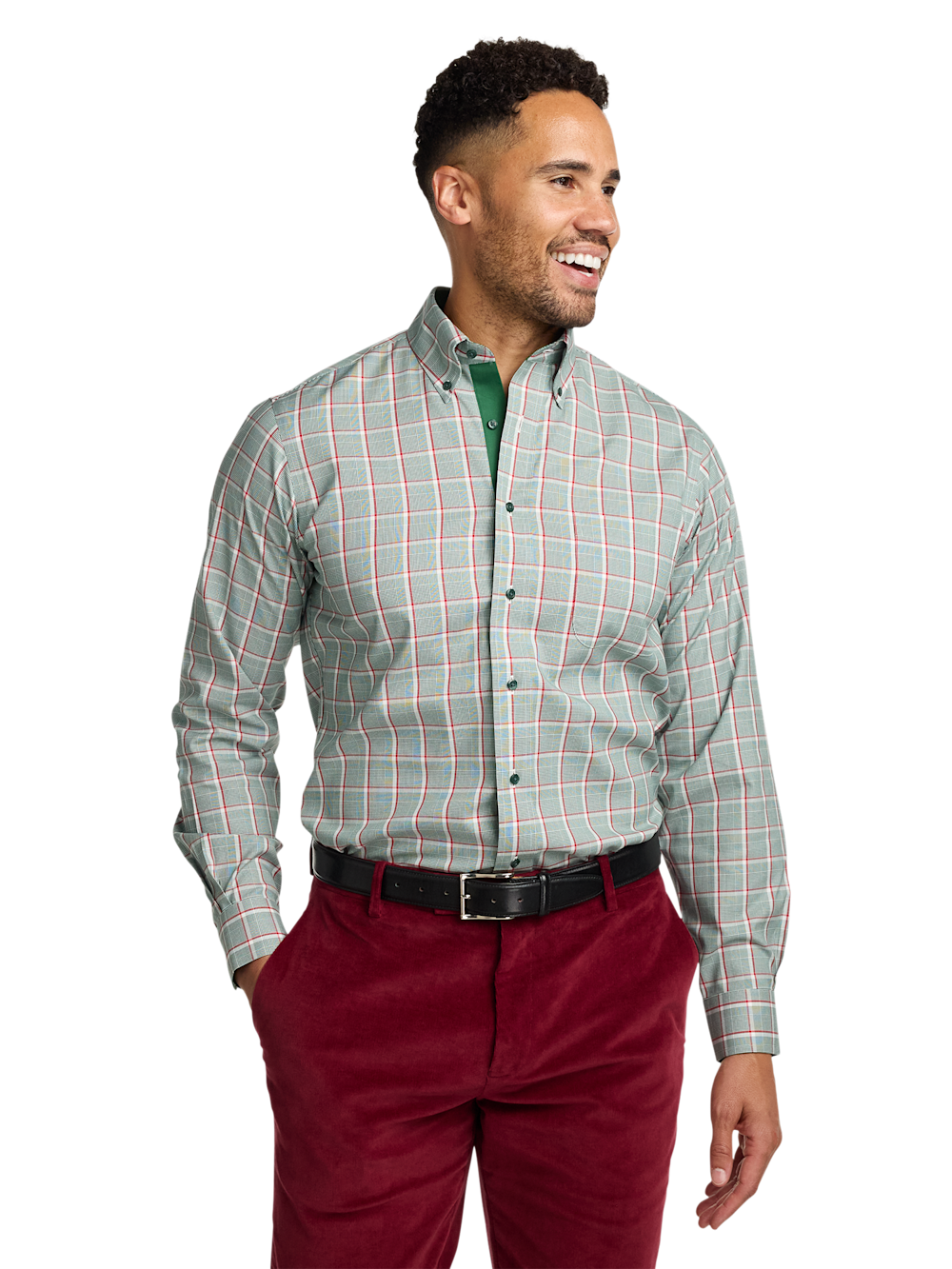 Alternate Shot of Men's Green/red Plaid Shirts Trim Inside Neckband Inside Cuffs Button Side Of Placket