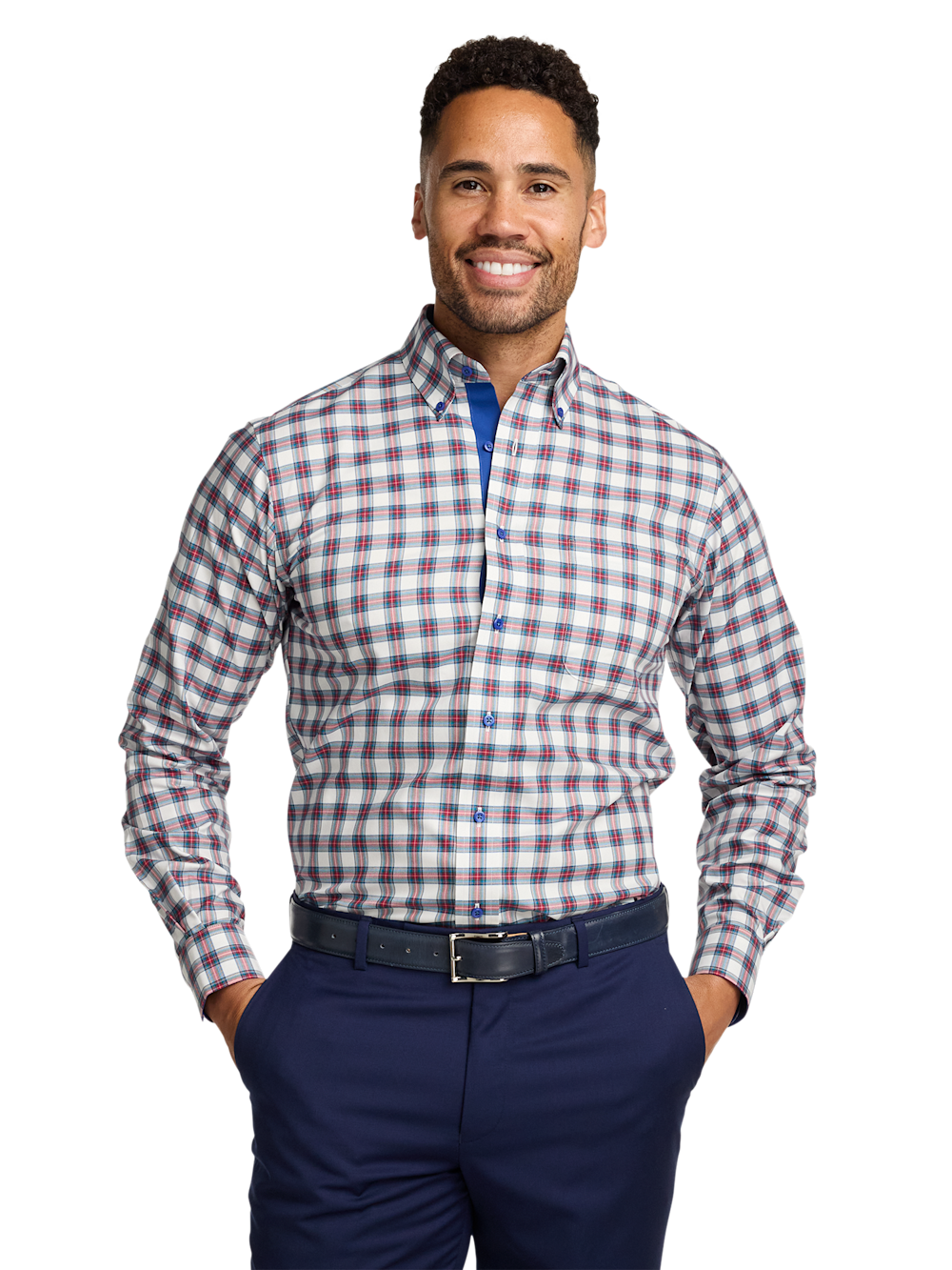 Alternate Shot of Men's White Multi Plaid Shirts Trim Inside Neckband Inside Cuffs Button Side Of Placket