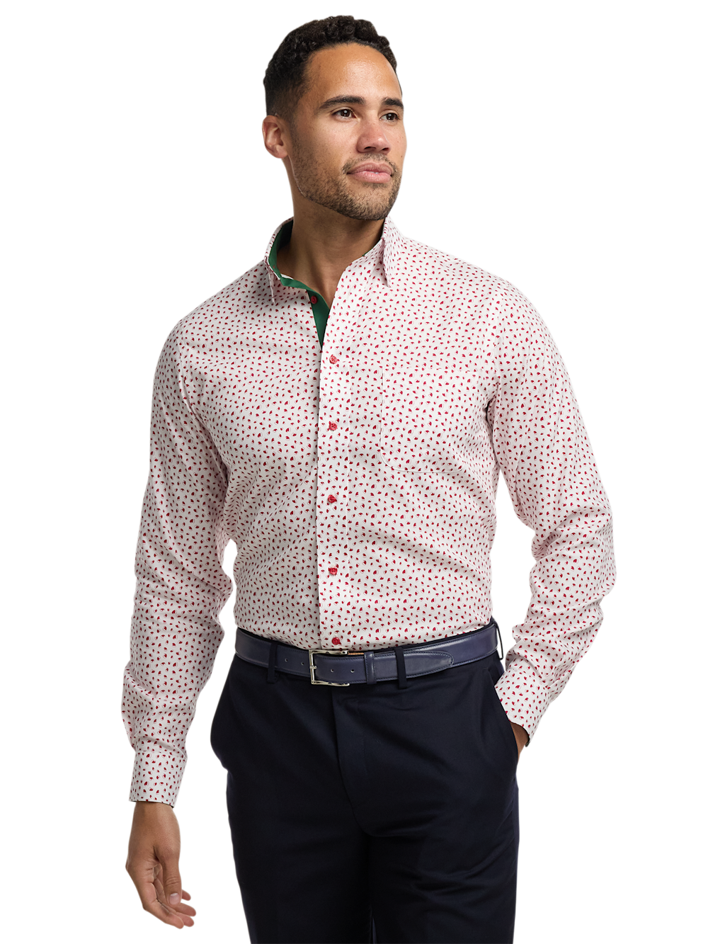 Alternate Shot of Men's Red Novelty Shirts Trim Inside Neckband Inside Cuffs Button Side Of Placket