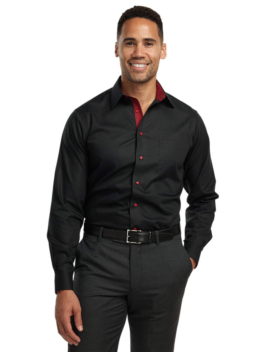 Alternate Shot of Men's Black Solid Shirts Trim Inside Neckband Inside Cuffs Button Side Of Placket