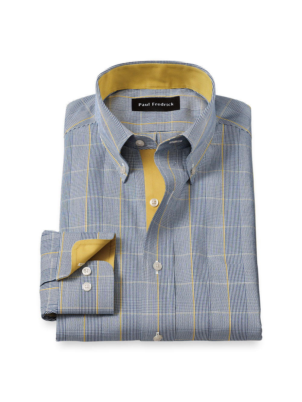clearance dress shirts Comfort Stretch Non-Iron Plaid Dress Shirt With Contrast Trim - Navy/gold
