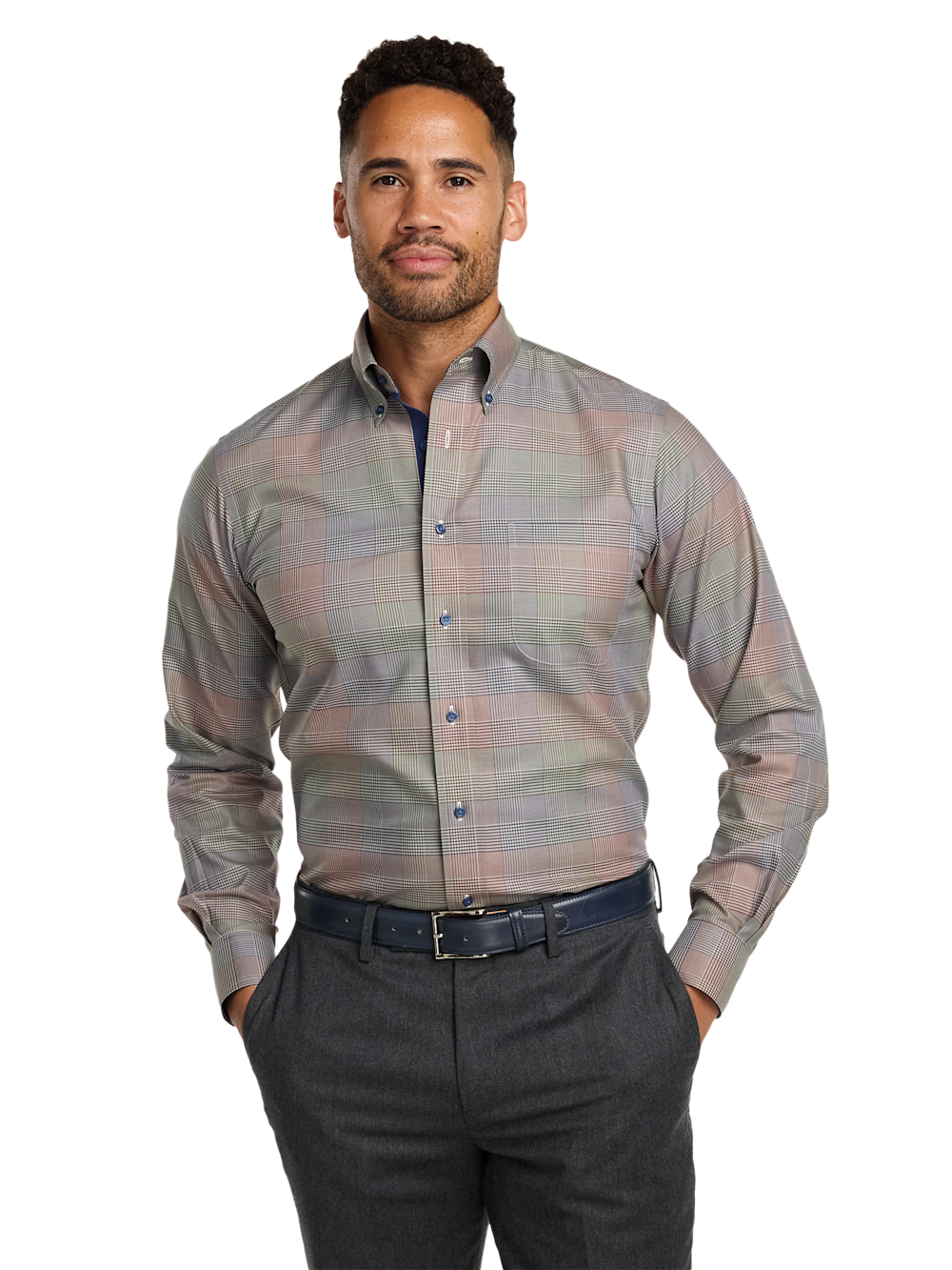 Alternate Shot of Men's Multi Plaid Shirts Trim Inside Neckband Inside Cuffs Button Side Of Placket