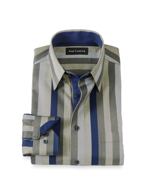 Comfort Stretch Non-Iron Stripe Dress Shirt With Contrast Trim - Olive Multi