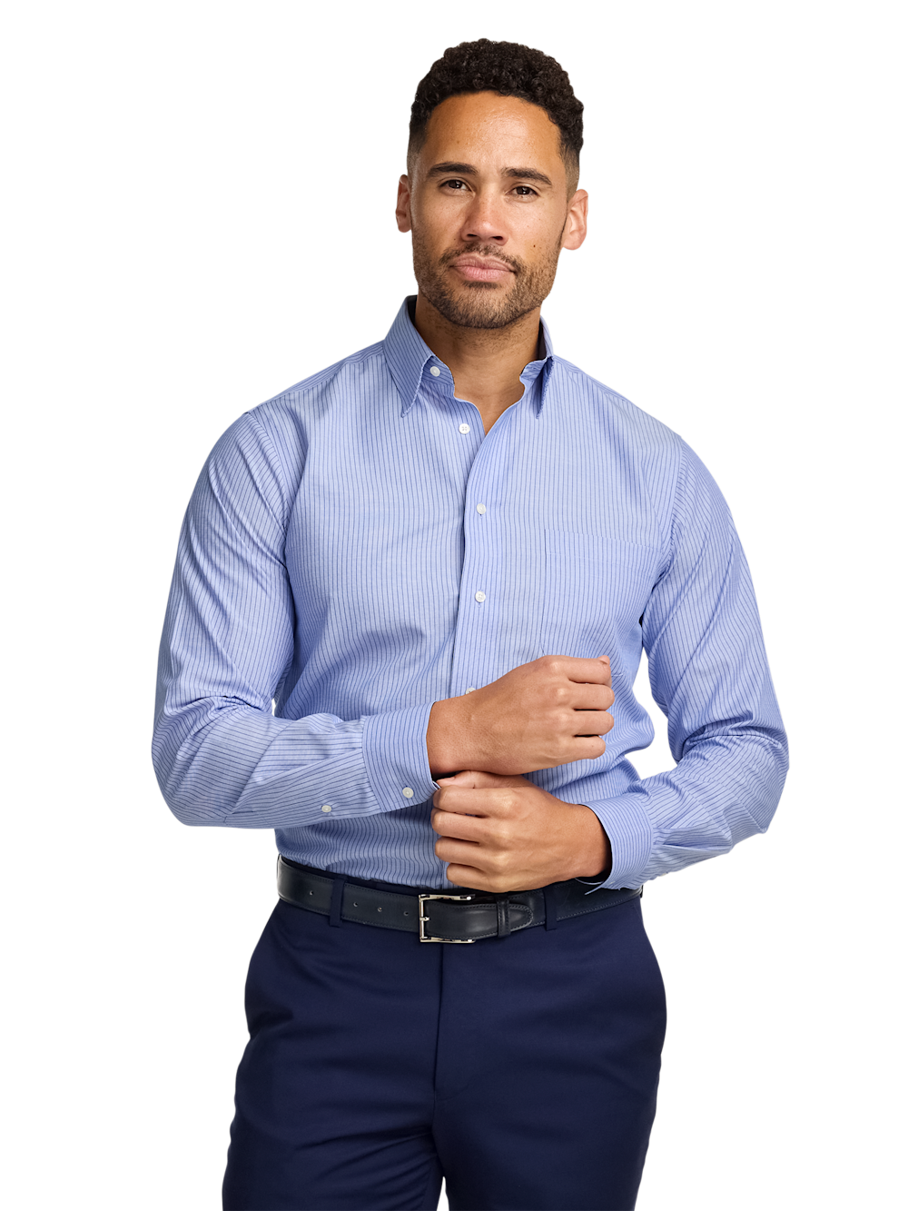 Alternate Shot of Men's Blue Stripe Shirts Contrast Fabric Inside Neckband And Cuffs