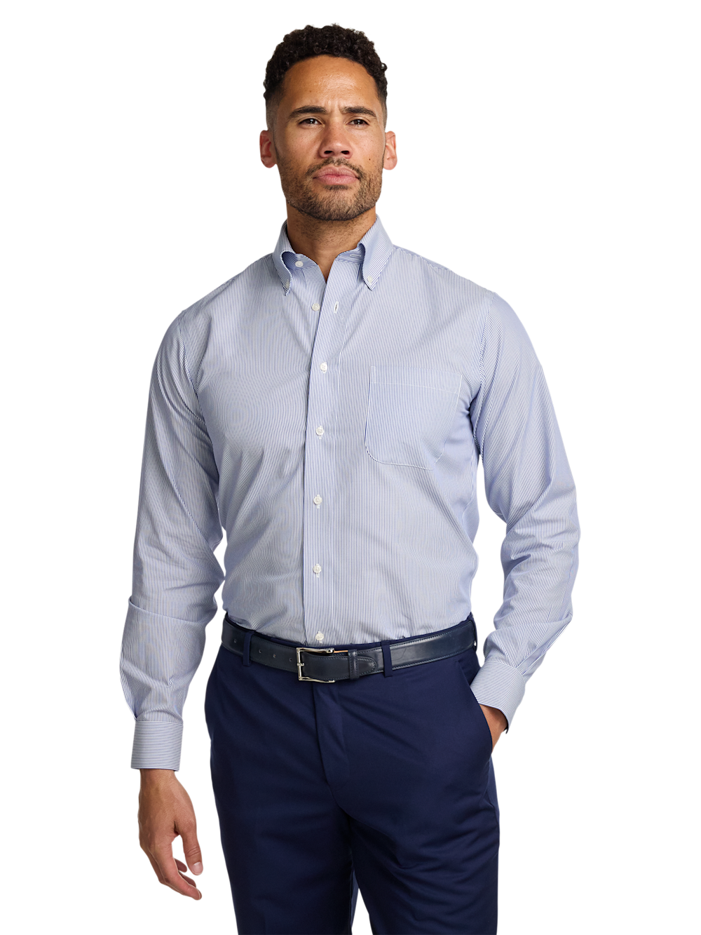 Alternate Shot of Men's Blue Stripe Shirts Contrast Fabric Inside Neckband And Cuffs