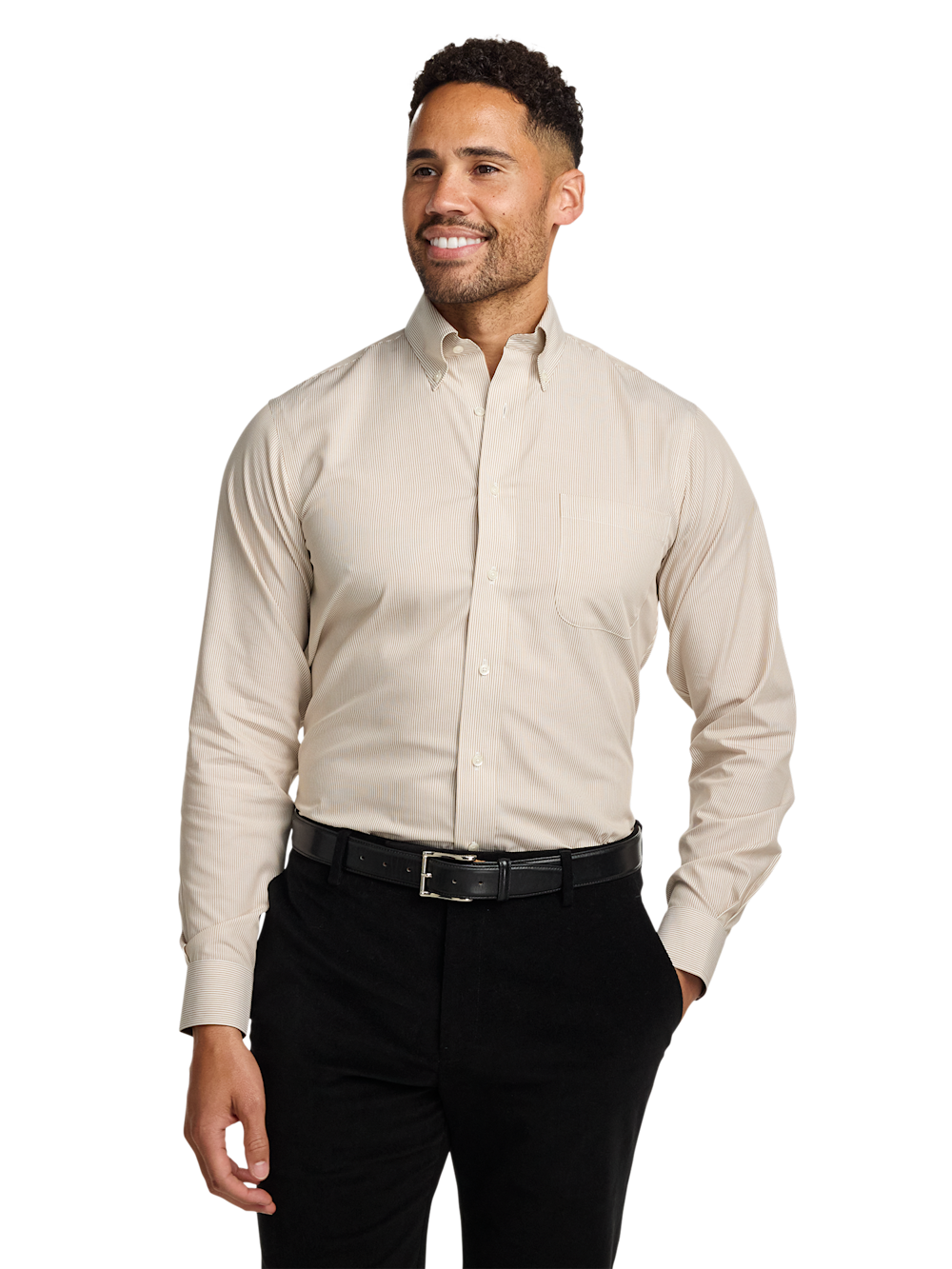 Alternate Shot of Men's Tan Stripe Shirts Contrast Fabric Inside Neckband And Cuffs