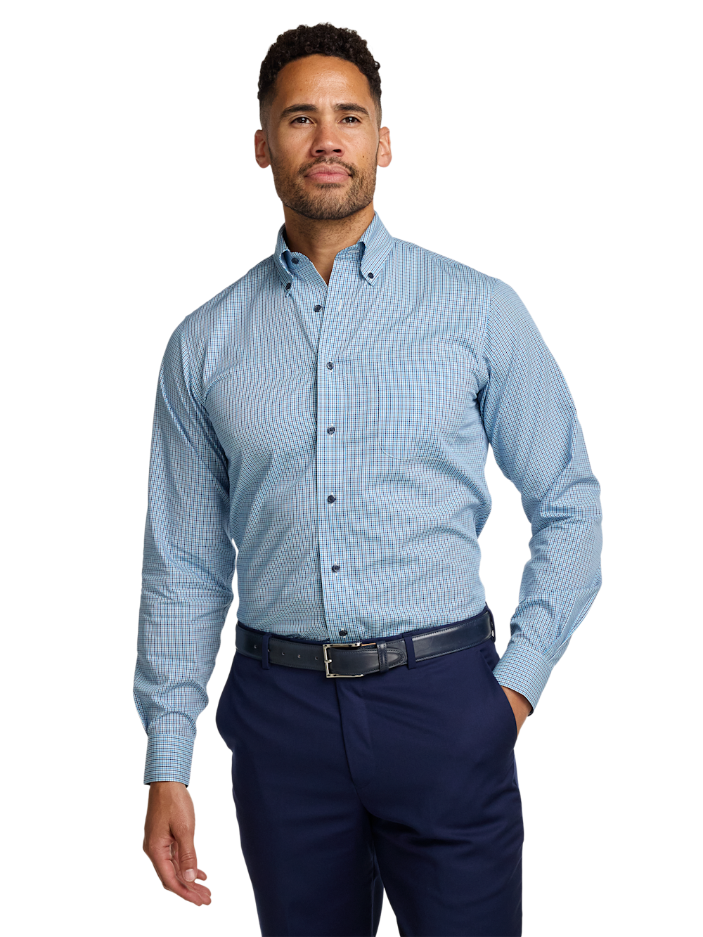 Alternate Shot of Men's Blue Check Shirts Contrast Fabric Inside Neckband And Cuffs