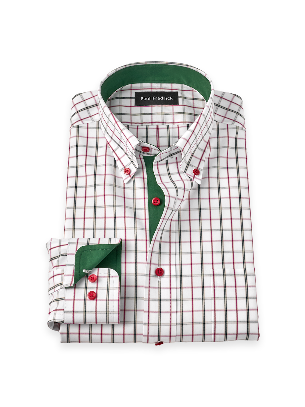 S/f Non-iron Cotton Windowpane Button Down Dress Shirt With Contrast Trim