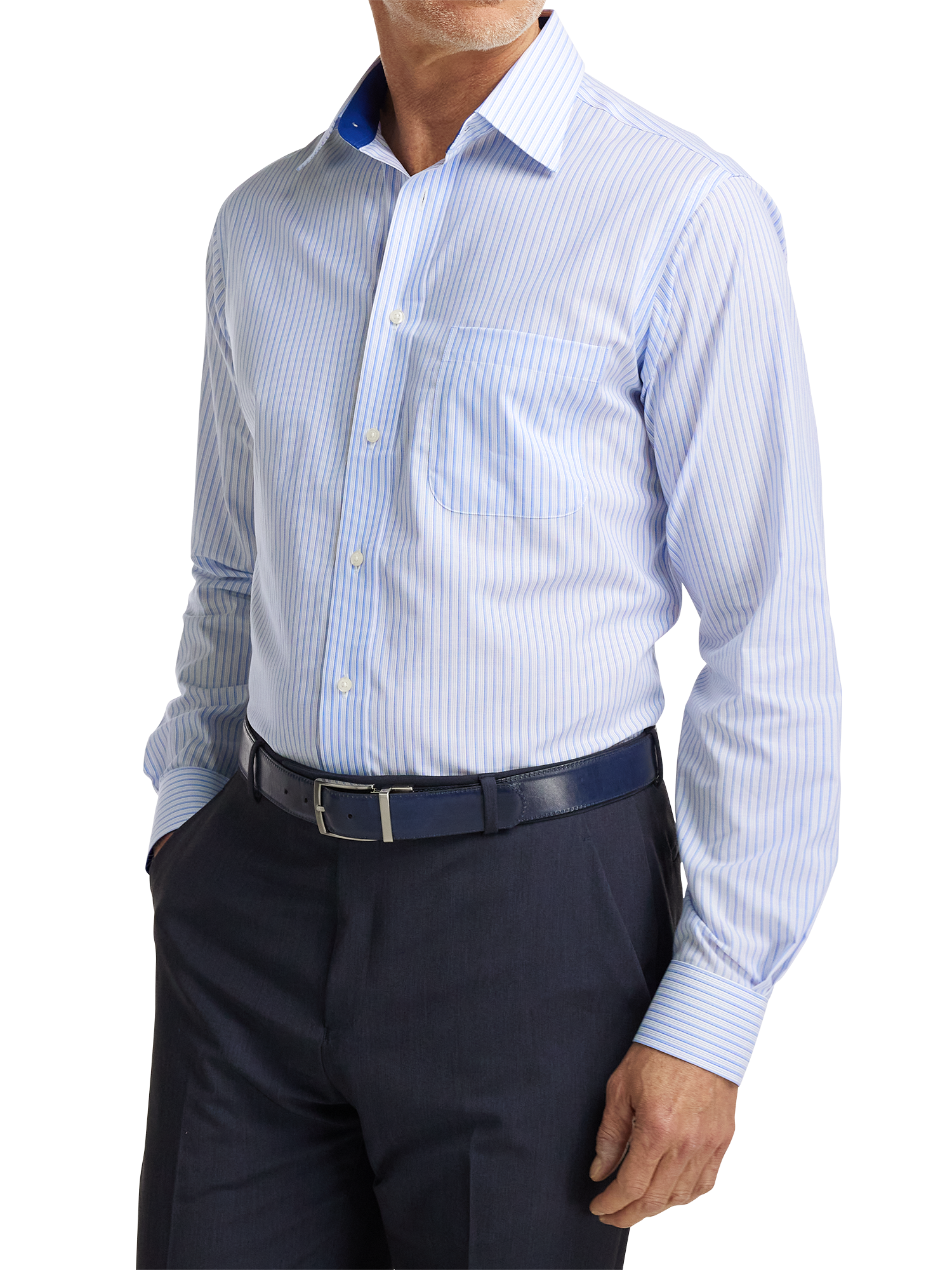 Non-Iron Cotton Stripe Dress Shirt With Contrast Trim - Blue