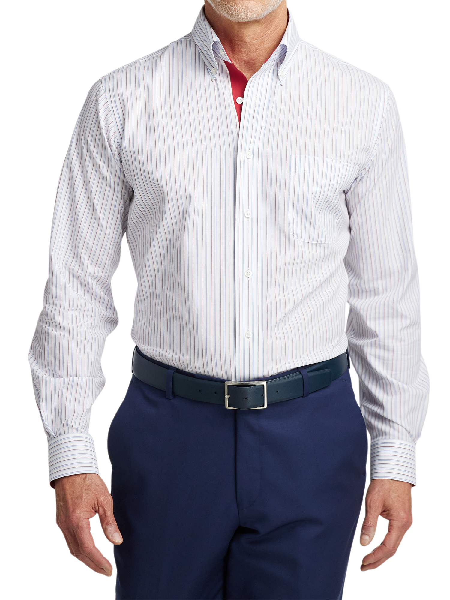 Non-Iron Cotton Stripe Dress Shirt With Contrast Trim - Blue/red