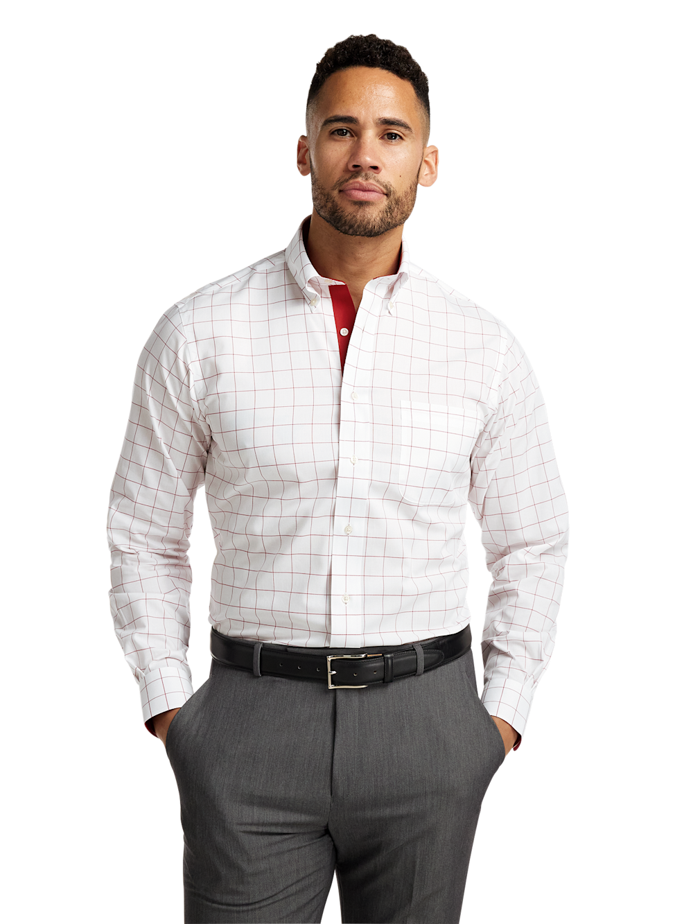 Alternate Shot of Men's Red Check Shirts Trim Inside Neckband Inside Cuffs Button Side Of Placket
