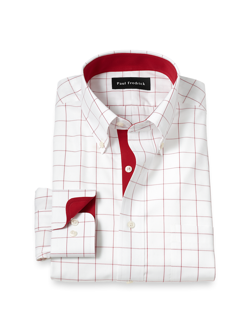 Non-Iron Cotton Windowpane Dress Shirt With Contrast Trim - Red Non-Iron Cotton Windowpane Dress Shirt With Contrast Trim - Red
