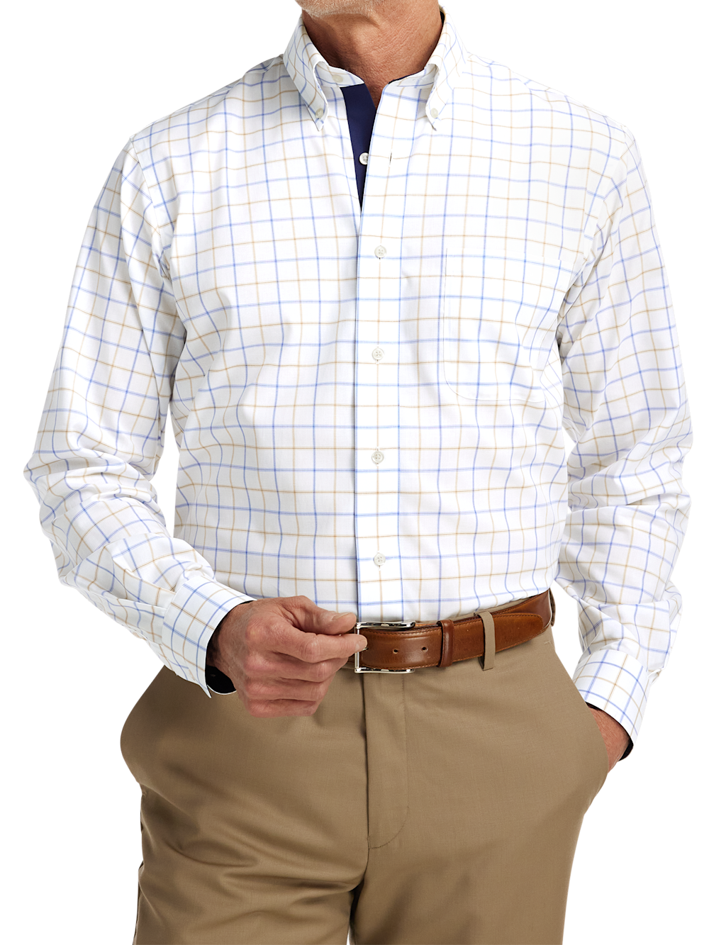 Alternate Shot of Men's Blue/Tan Check Shirts Trim Inside Neckband Inside Cuffs Button Side Of Placket