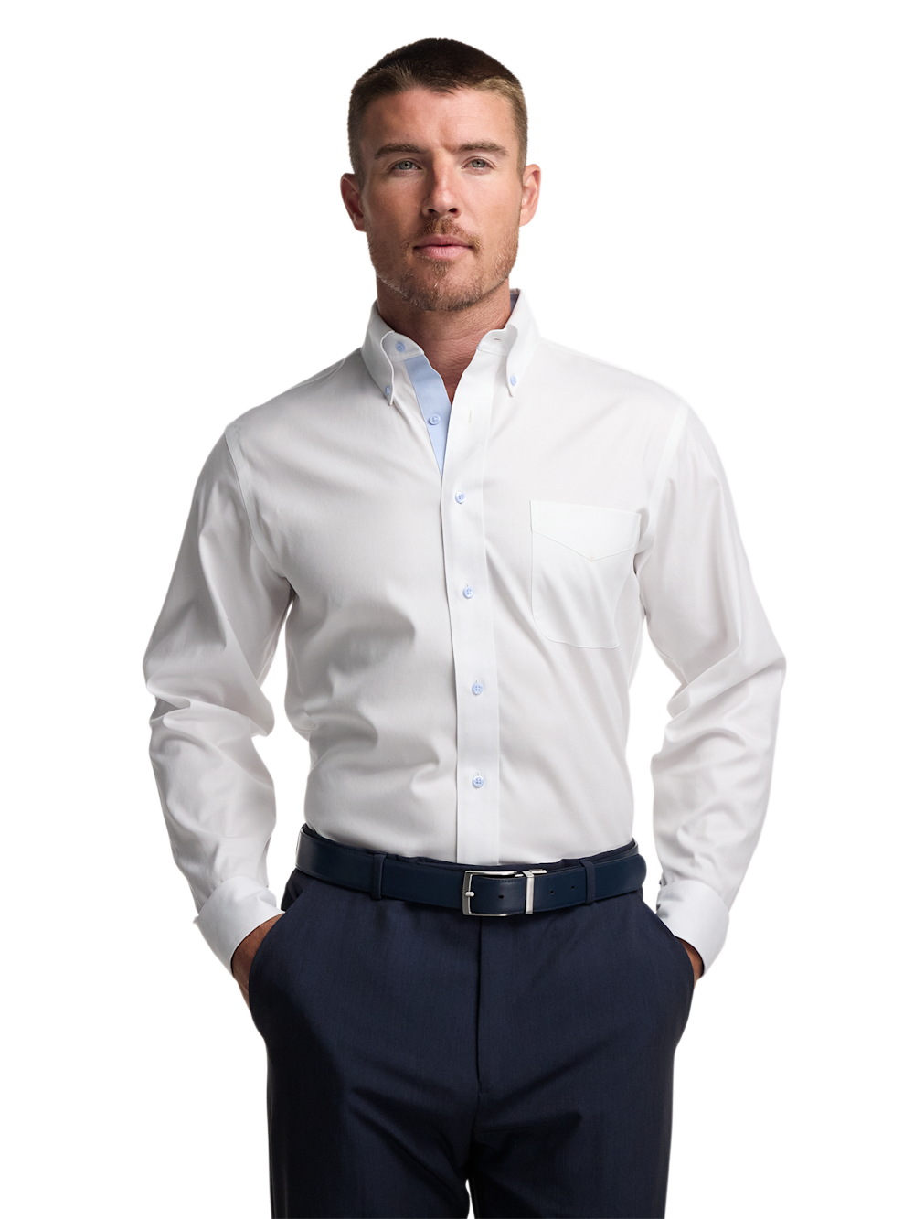 Alternate Shot of Men's White/Blue Solid Shirts Trim Inside Neckband Inside Cuffs Button Side Of Placket