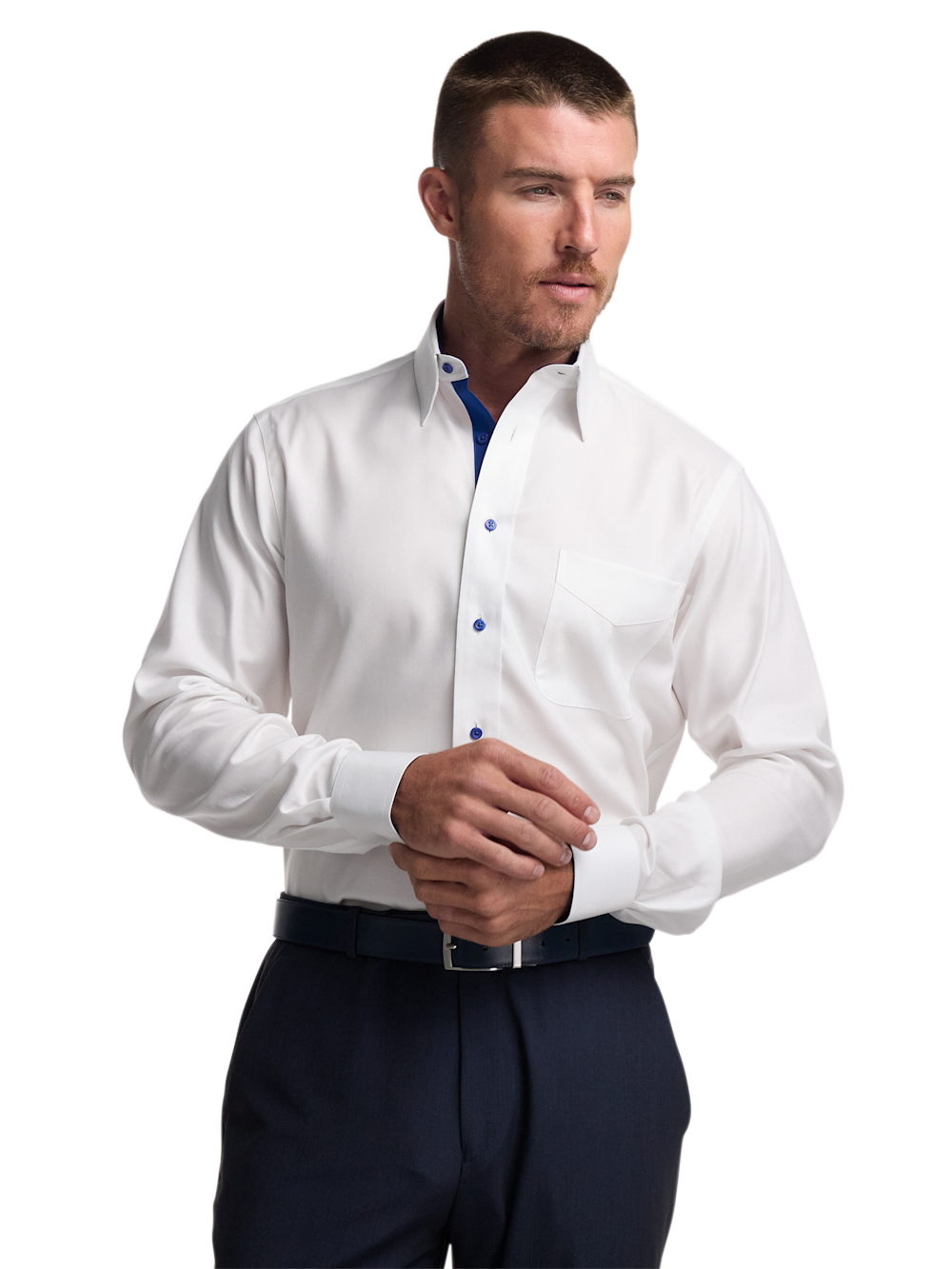 Alternate Shot of Men's White/Cobalt Solid Shirts Trim Inside Neckband Inside Cuffs Button Side Of Placket