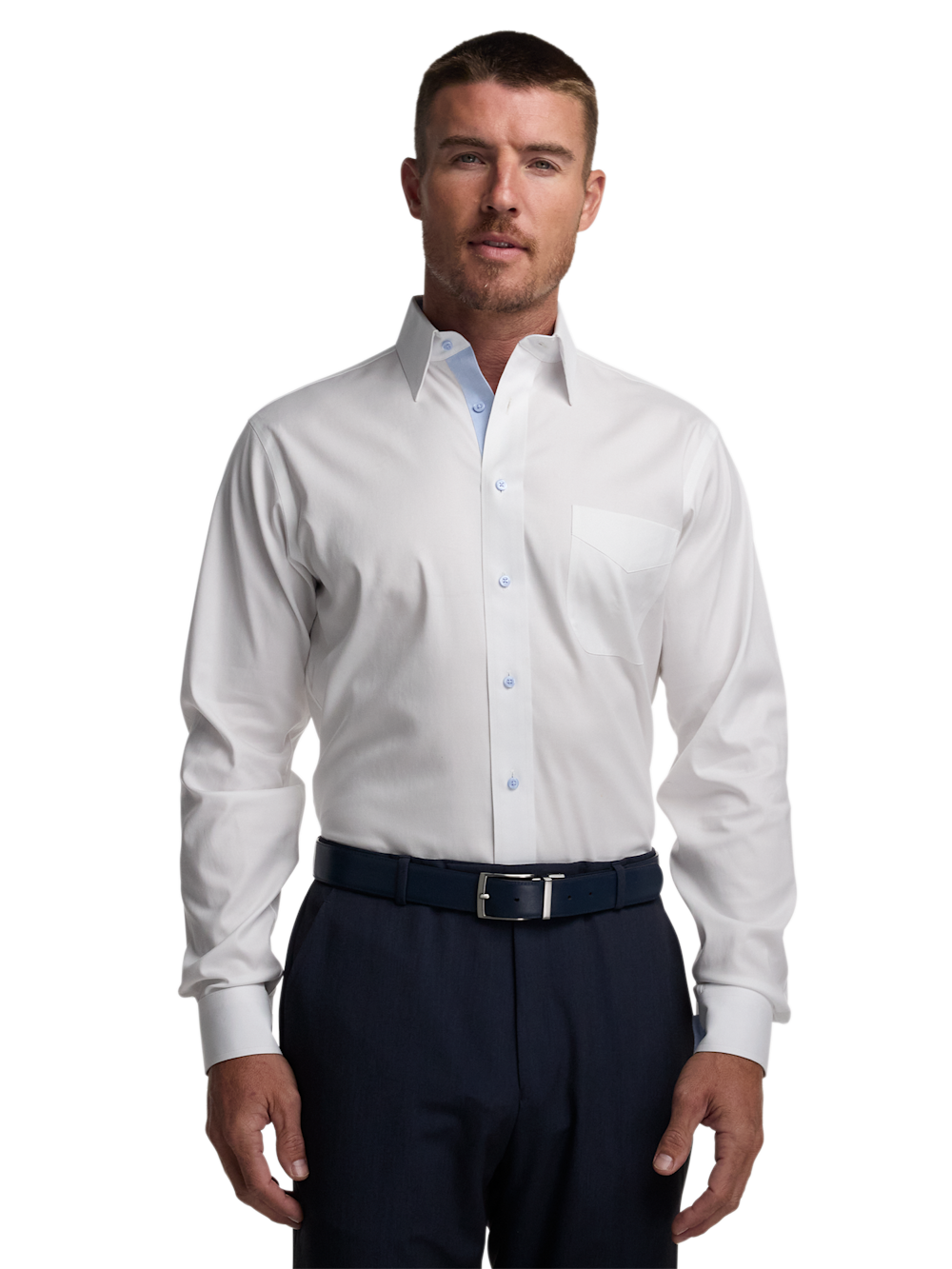 Alternate Shot of Men's White/Blue Solid Shirts Trim Inside Neckband Inside Cuffs Button Side Of Placket