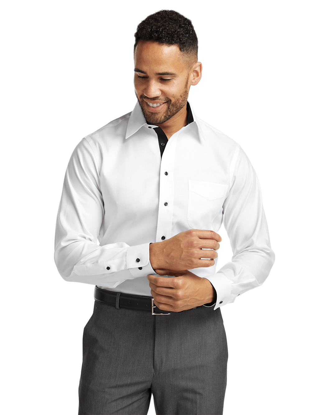Alternate Shot of Men's White/Black Solid Shirts Trim Inside Neckband Inside Cuffs Button Side Of Placket