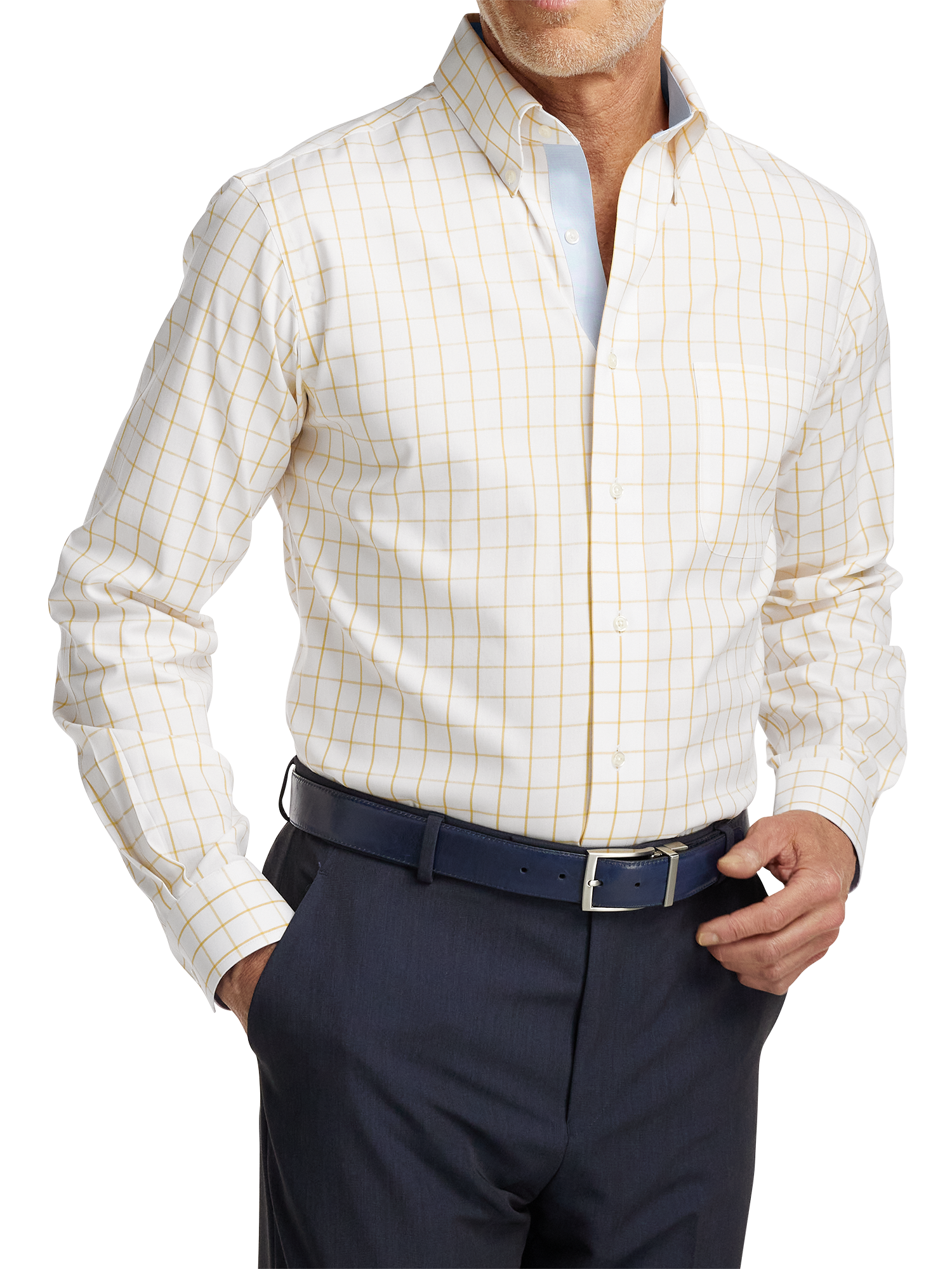 Comfort Stretch Non-Iron Check Dress Shirt With Contrast Trim - Yellow