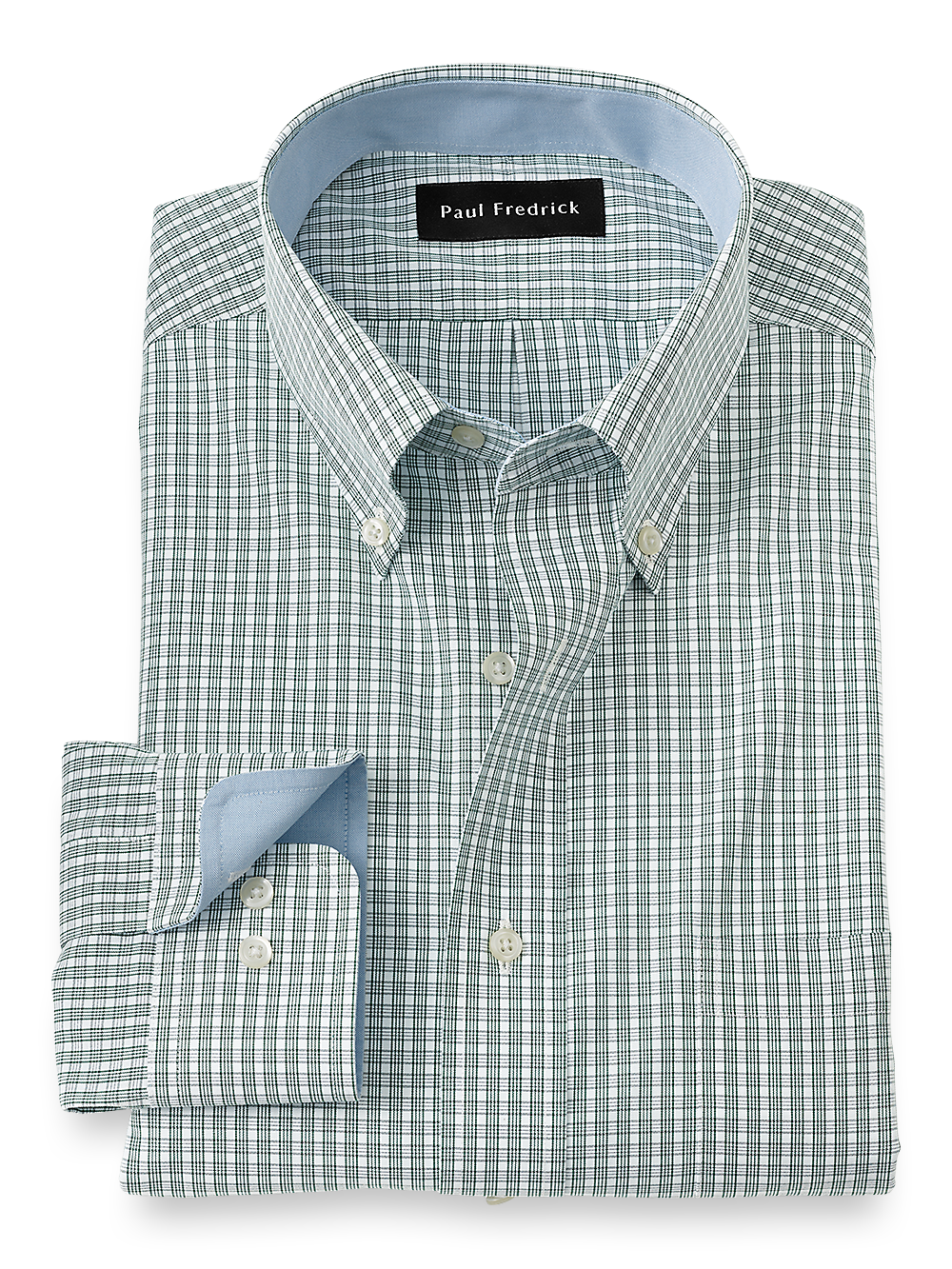 Non-Iron Cotton Plaid Dress Shirt With Contrast Trim - Green Paul Fredrick Non-Iron Cotton Plaid Dress Shirt With Contrast Trim - Green Paul Fredrick