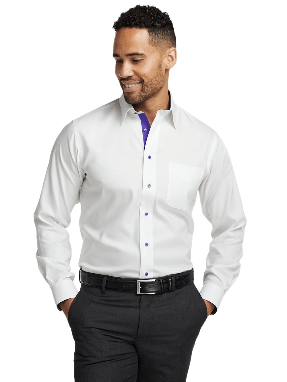 Alternate Shot of Men's White/Purple Solid Shirts Trim Inside Neckband Inside Cuffs Button Side Of Placket
