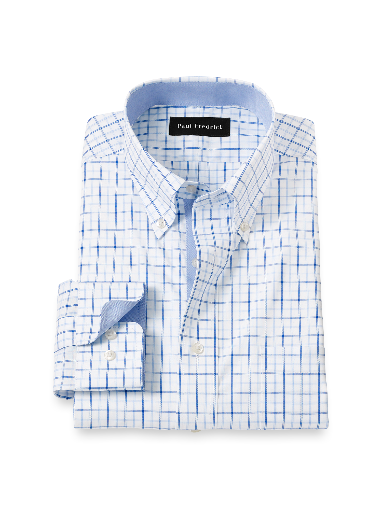 Non-Iron Cotton Windowpane Dress Shirt With Contrast Trim - Blue