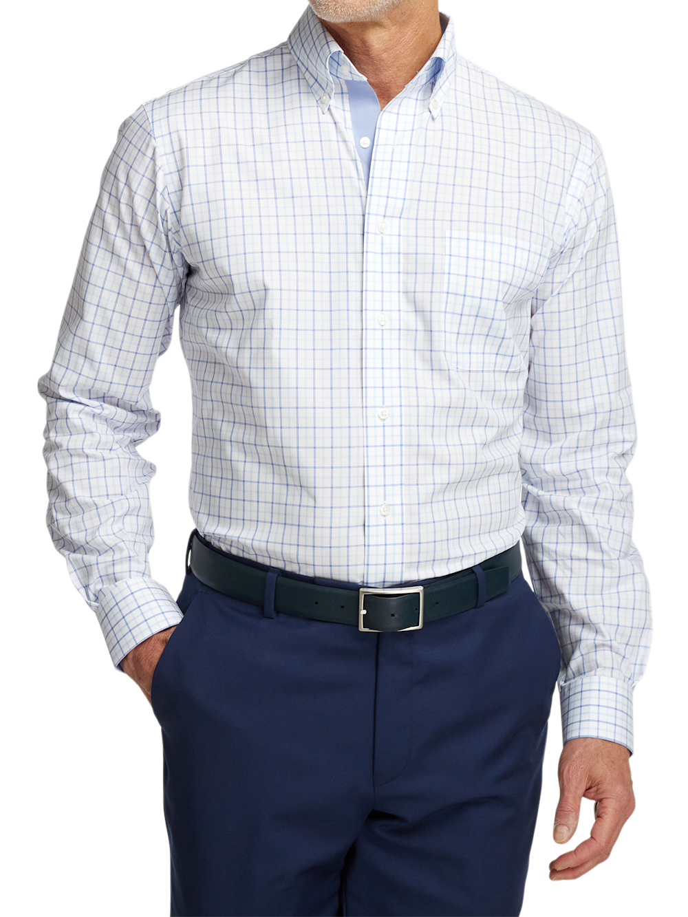 Alternate Shot of Men's Blue Check Shirts Trim Inside Neckband Inside Cuffs Button Side Of Placket
