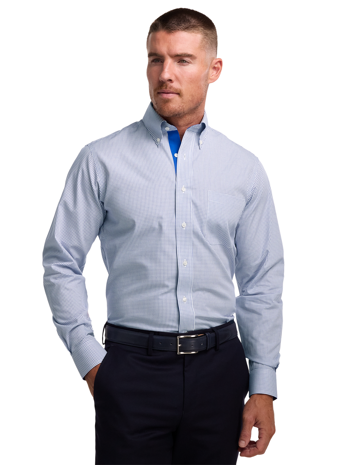 Non-Iron Cotton Check Dress Shirt With Contrast Trim - Navy
