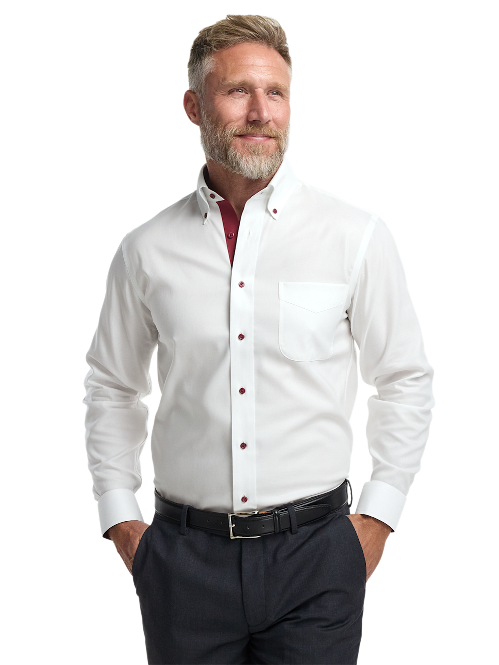 Alternate Shot of Men's White/Burgundy Solid Shirts Trim Inside Neckband Inside Cuffs Button Side Of Placket