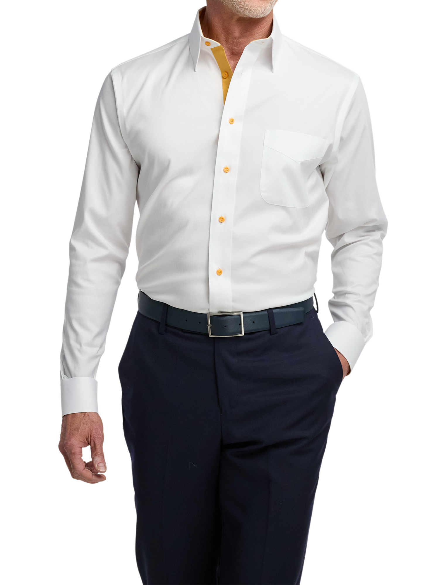 Comfort Stretch Non-Iron Solid Dress Shirt With Contrast Trim - White/gold