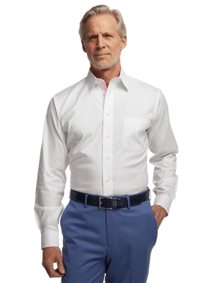 Comfort Stretch Non-Iron Solid Dress Shirt With Contrast Trim - White/pink