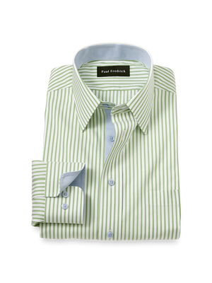 Comfort Stretch Non-Iron Stripe Dress Shirt With Contrast Trim - Green