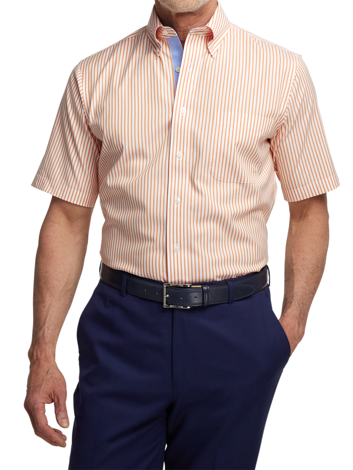 Comfort Stretch Non-Iron Stripe Dress Shirt With Contrast Trim - Melon