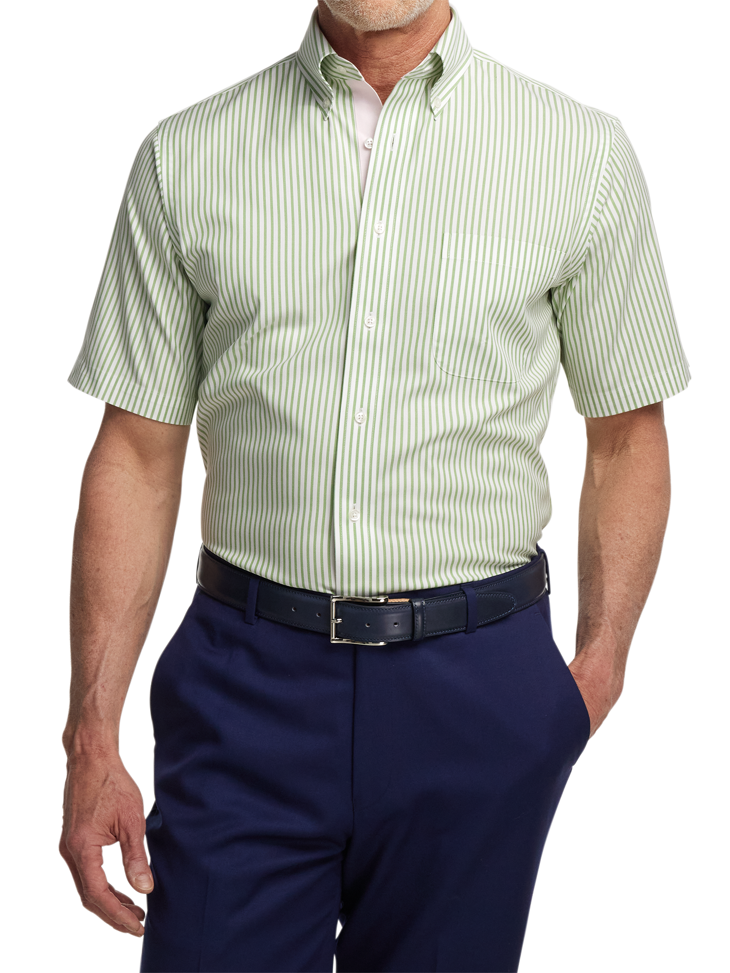 Comfort Stretch Non-Iron Stripe Dress Shirt With Contrast Trim - Green