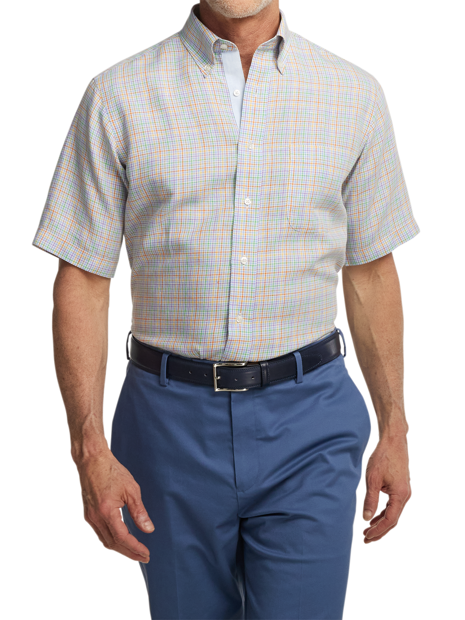 Non-Iron Linen Plaid Dress Shirt With Contrast Trim - Multi