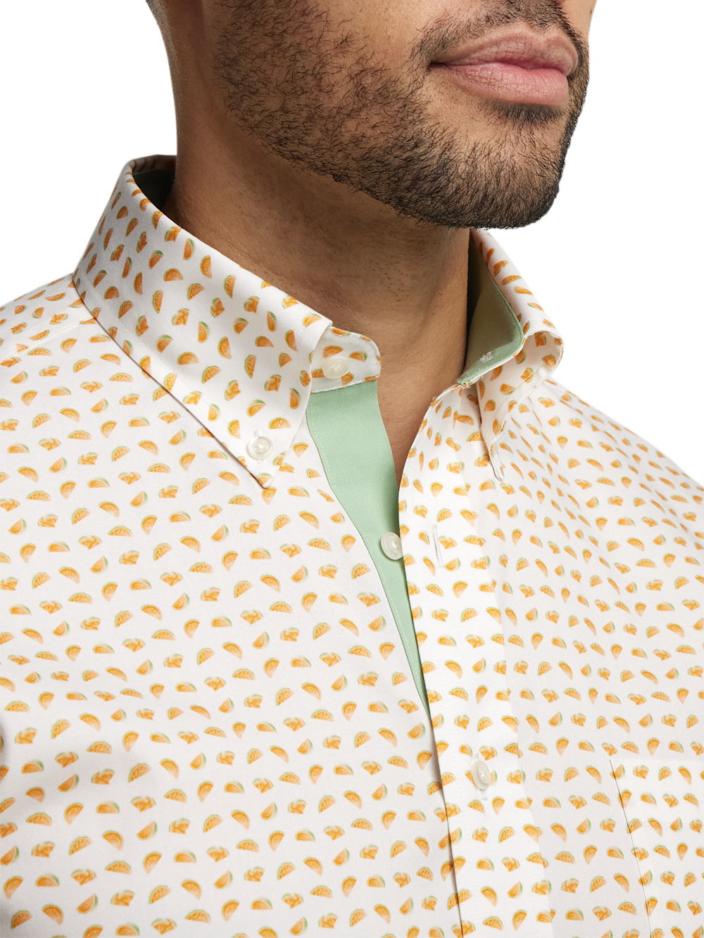 Alternate Shot of Men's White/melon Novelty Shirts Contrast Fabric Inside Neckband And Button Side Front Placket