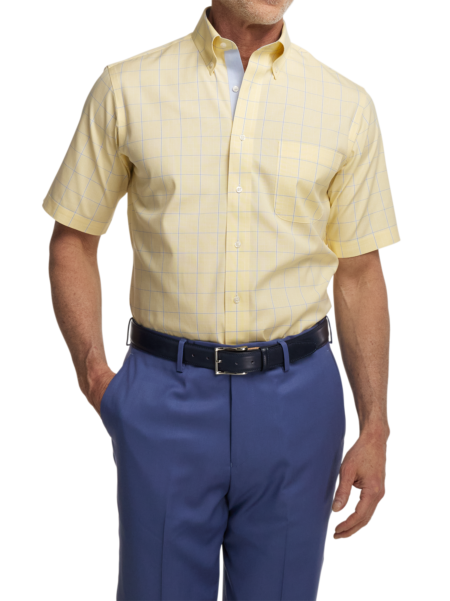 Comfort Stretch Non-Iron Check Dress Shirt With Contrast Trim - Yellow
