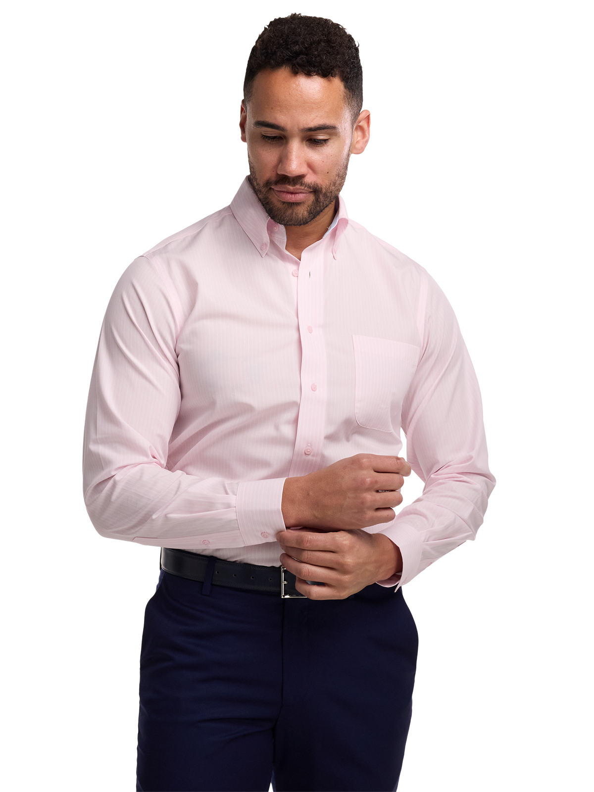 Non-Iron Cotton Stripe Dress Shirt With Contrast Trim - Pink