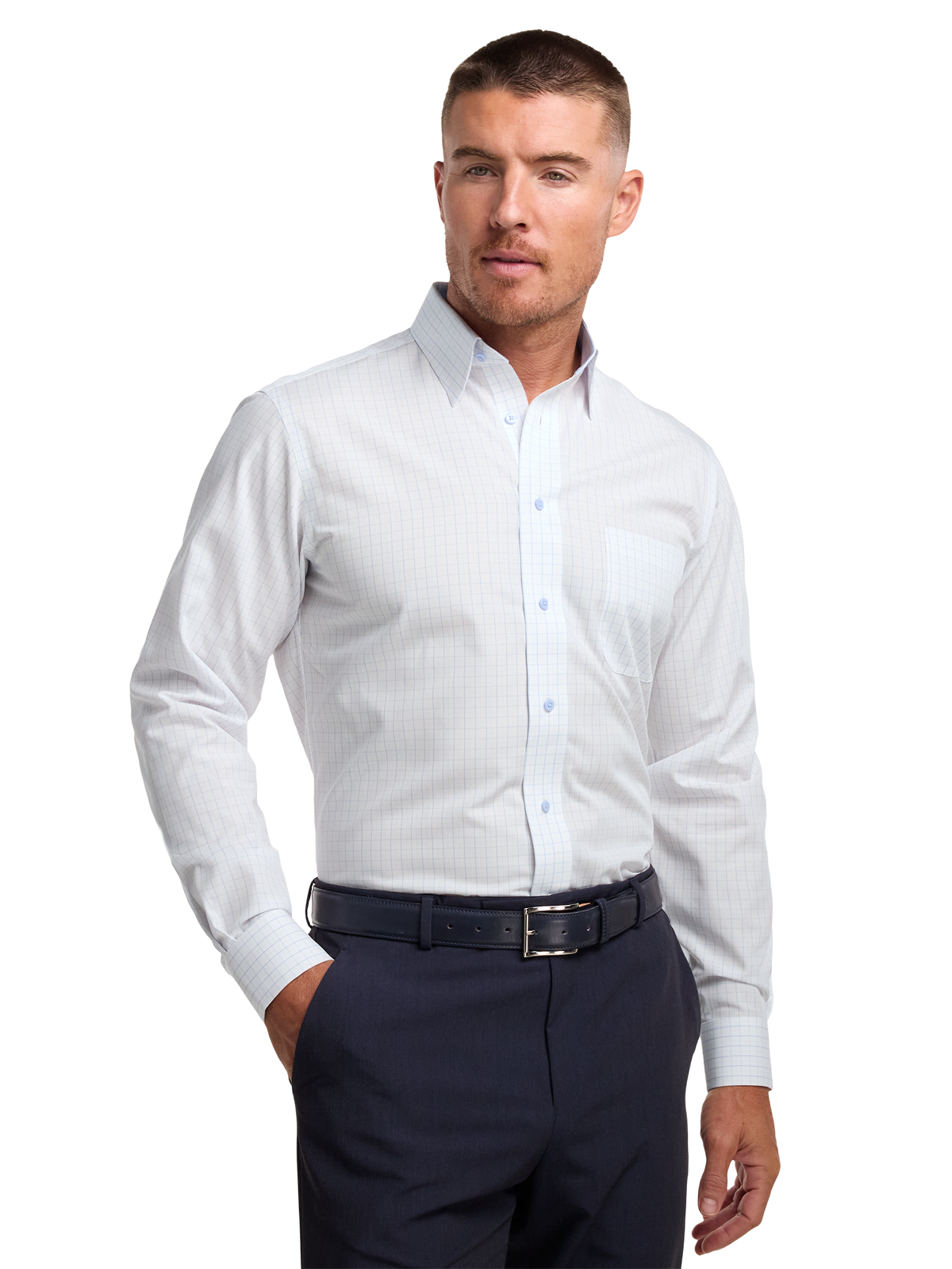 Non-Iron Cotton Windowpane Dress Shirt With Contrast Trim - White Multi