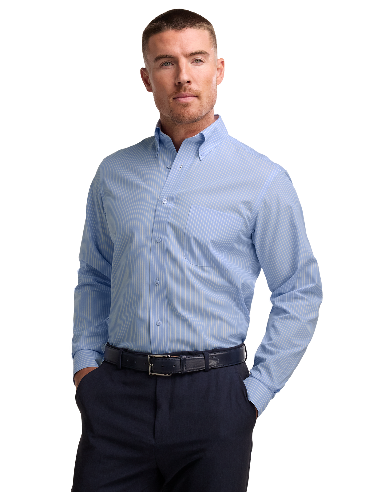 Non-Iron Cotton Stripe Dress Shirt With Contrast Trim - Blue