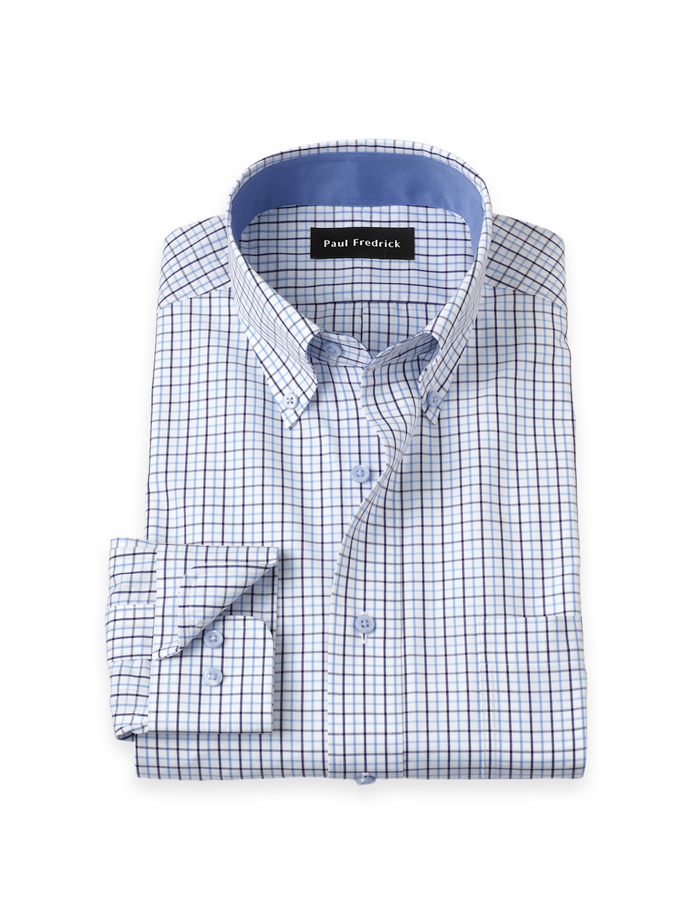 Product Image of Non-iron Cotton Windowpane Dress Shirt With Contrast Trim-White/Blue