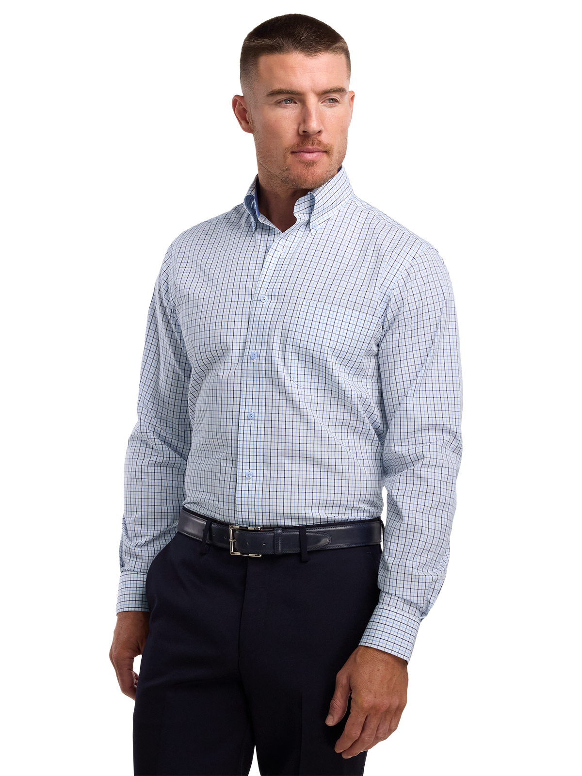 Non-Iron Cotton Windowpane Dress Shirt With Contrast Trim - White/blue