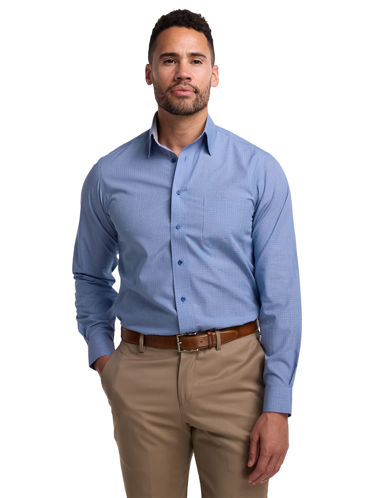 Non-Iron Cotton Solid Dress Shirt With Contrast Trim - Blue