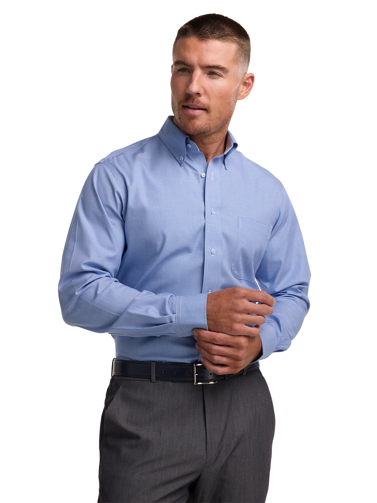 Non-Iron Cotton Houndstooth Dress Shirt With Contrast Trim - Blue